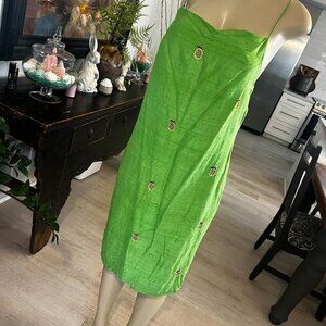 Daisy L lime green w/ yellow pineapples raw silk spaghetti strapped DRESS